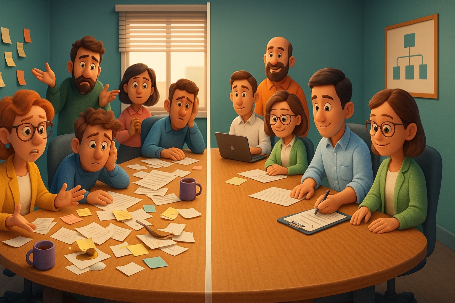 Illustration av ett team före och efter en effektiviseringsprocess, med ett rörigt bord till vänster och organiserat till höger.